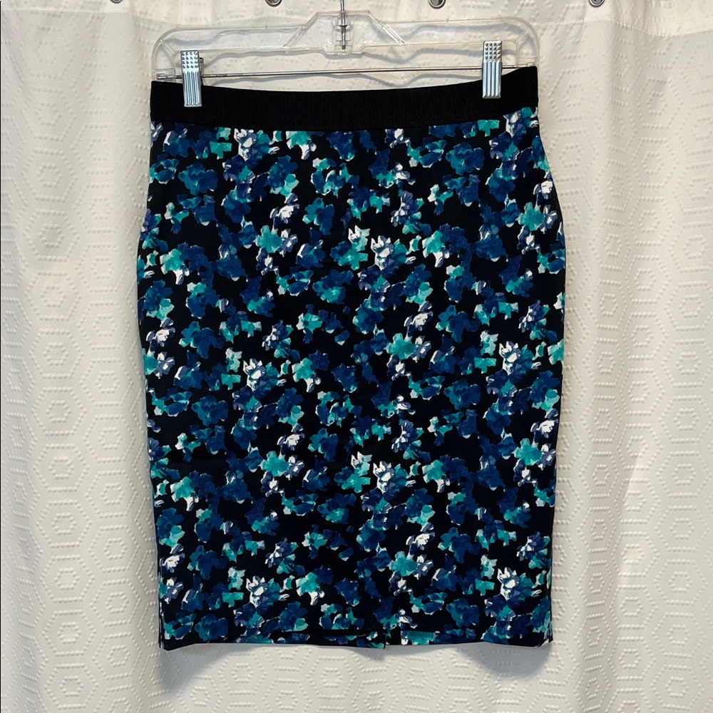 Ann Taylor Blue and Black Floral Pencil Skirt